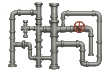 Industrial pipeline system featuring metal pipes, fittings, flanges, and a red valve, representing complex connections