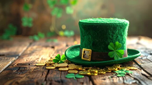 Green St. Patrick's Day Top Hat and Shamrock Leaves Surrounded by Gold Coins on a Rustic Table