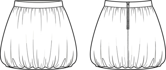 Bubble skirt flat sketch, women’s fashion technical drawing, front and back view, gathered hem, voluminous silhouette, garment construction illustration © Rifat Creatives