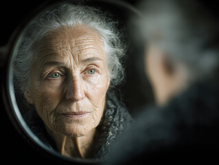 Woman gazes into a mirror as her reflection fades, symbolizing the effects of Alzheimer's disease and the struggles of identity and memory