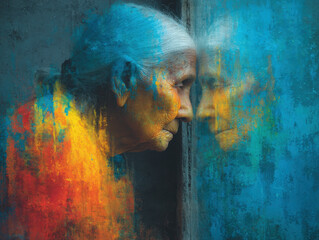 Woman gazes into a mirror as her reflection gradually fades, representing the impact of Alzheimer's disease on memory and identity