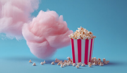 Playful concept of pink cotton candy cloud floating beside a striped popcorn bucket on a bright blue background. Whimsical food art and creative dessert composition