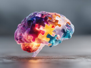 Visualization of Alzheimer’s disease showing a glowing brain with puzzle pieces representing memory loss and cognitive decline
