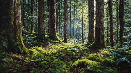 Fototapeta premium A vivid painting of a verdant forest brimming with tall trees and abundant moss covering the earthy floor