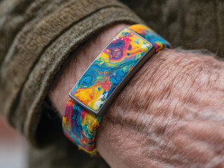 Patient with Alzheimer's disease wears a colorful medical smart bracelet for health tracking and safety monitoring while living life