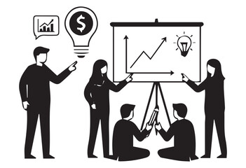 Diverse business team collaborates on financial growth strategy during a whiteboard presentation with charts and lightbulb ideas symbolizing innovation and success