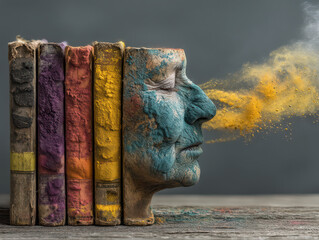 Symbolizing Alzheimer's through a fading library where a human face merges with colorful books, portraying the loss of memories and identity in a creative way