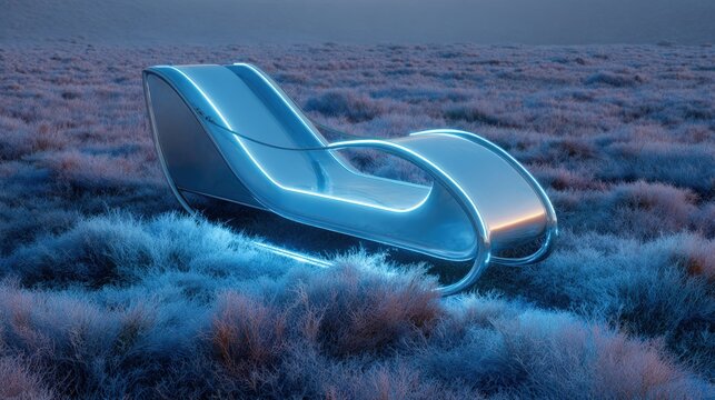 Futuristic chair in the middle of a vast field. the chair is made of a shiny, metallic material and has a curved, curved design.