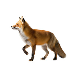 Fototapeta premium Red fox walking isolated on transparent background in a studio shot, side view