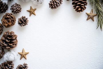 Aesthetic and Charming Festive Pinecones and Gold Stars Against a Wintery Background