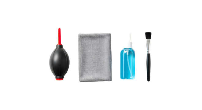 Camera cleaning kit including air blower microfiber cloth cleaning solution and brush arranged for equipment maintenance