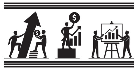 Silhouetted business people collaborating to achieve financial growth and presenting successful market analysis on a whiteboard
