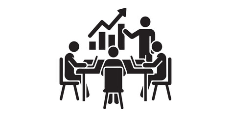 Business meeting with team collaborating around a table with a growing bar chart and upward trending graph symbolizing success and progress
