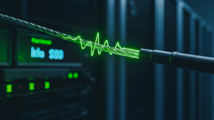 A futuristic digital wave pulses through a data cable, symbolizing the flow of information and connectivity within a server room setting.