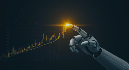 An AI-powered robotic arm pointing to the growth in financial market. Futuristic AI in finance field, symbolizing innovation and technological advancement.
