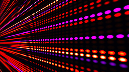 The illustration shows a bright LED or pixel panel where bright stripes of red, purple and white light create an effect of movement and energy. Digital Flow. The dynamics of light and the energy of