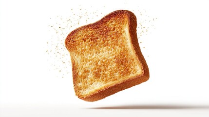  A close-up photo of a piece of bread in flight, with a nibbled slice missing