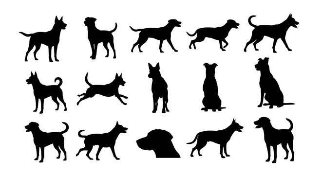 Dynamic dog silhouettes capture various breeds and poses, perfect for pet-themed designs and vibrant animal graphics