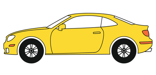 Yellow vector coupe sports car icon with black wheels and white rim detail