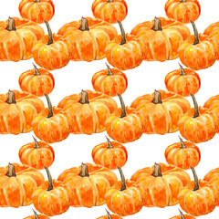 Orange pumpkins seamless watercolor pattern, autumn, fall, Thanksgiving, Halloween, backdrop, wallpaper, surface design, colorful and vibrant, botanical, hand painted PNG with transparent background 
