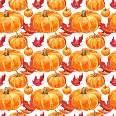 Orange pumpkins and fallen leaves seamless watercolor pattern, autumn, fall, Thanksgiving, Halloween, backdrop, wallpaper, surface design, colorful and vibrant, botanical, hand painted, PNG