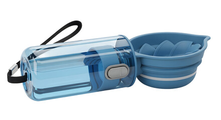 Action Shot of Portable Pet Water Bottle and Collapsible Bowl, Animals, Studio, Realistic PNG, White Background, Product View, Pet Accessories Concept
