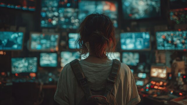 Female Security Analyst Monitoring a Bank of Screens