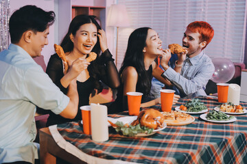 Diversity, dinner and group of people toast celebration together at party. Friends, happy and celebrate with food, wine and friendship for love, support and cheers champagne at business function