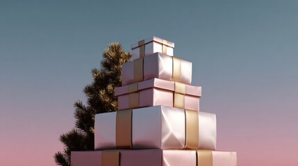 Naklejka na ściany i meble Stack of three gift boxes with gold ribbons tied around them. the boxes are arranged in a pyramid-like shape, with the top box slightly higher than the bottom one. Naklejka na ściany i meble Stack of three gift boxes with gold ribbons tied around them. the boxes are arranged in a pyramid-like shape, with the top box slightly higher than the bottom one.