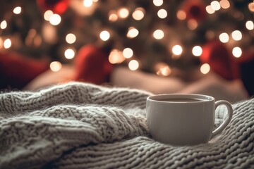 Embrace the Cozy Holiday Scene featuring a Warm Drink alongside a Festive Christmas Background
