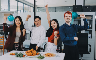 Diversity, dinner and group of people toast celebration together at party. Friends, happy and celebrate with food, wine and friendship for love, support and cheers champagne at business function