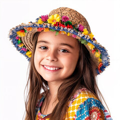 Smiling girl wearing colorful straw hat with flowers on white background
