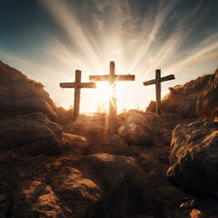 Three wooden crosses on hill at sunrise symbolizing faith and hope