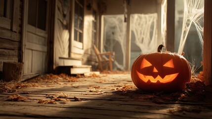 A glowing pumpkin on a rustic porch embodies the concept of feedback and recognition during a seasonal event, creating a warm yet spooky autumn atmosphere.