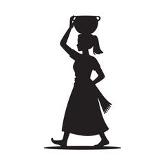 Elegant silhouette of a traditional woman from a rural village walking while balancing a water pot on her head