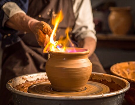 A potter shapes clay on a wheel with flame, artisan at work