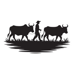 Silhouette of a farmer walking with two oxen across a field, representing agriculture and traditional farming practices