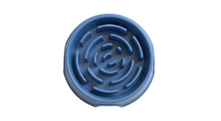 Top View Action of Blue Slow Feeder Bowl, Pet Accessory, White Background, Photo, Realistic Concept