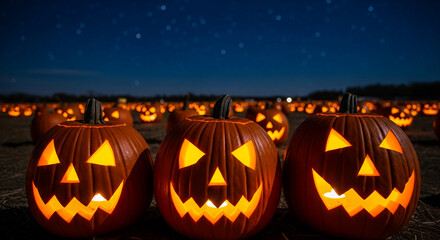 Jack-o'-lantern with carved face and orange light, standing in field. Concept of festive decoration, representing Halloween holiday and celebration