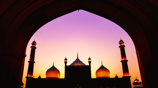 Jama Masjid in Delhi, India, one of the largest and most famous mosques built during the Mughal era. Represents Islamic architecture, Indian heritage, and cultural tourism