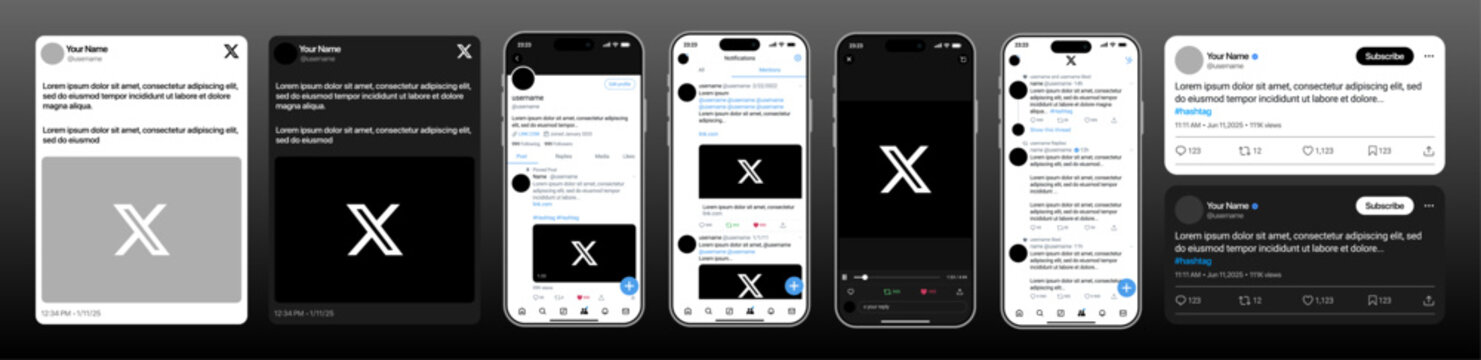 X or Twitter Mobile UI Mockup with Feed, Profile, Tweet Composer, Messages, Notifications, Search, and Modern Interactive Vector Layout