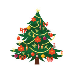 Festively decorated green christmas tree with ornaments garland and lights on white background