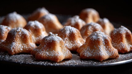 Plate of freshly baked donuts. the donuts are golden brown in color and are dusted with powdered sugar. they are arranged in a circular pattern on the plate, with some overlapping each other.