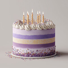 Layered purple and white birthday cake with burning candles