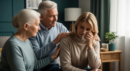 Older couple comforting their sad adult daughter wiping tears in their living room at home