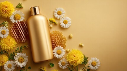   A bottle of lotion sits on a table next to a bouquet of daisies and a honeycomb