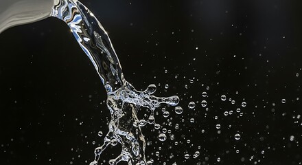 Water pouring with splash, and dark background.