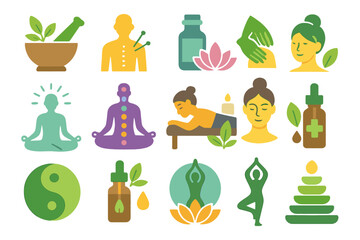 Holistic Wellness and Meditation Set &ndash; Yoga, Acupuncture and Natural Therapy Illustration