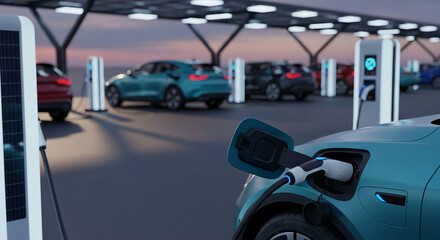 Fototapeta premium Close-up of a blue electric car charging at a station, representing future transport and clean energy, highlighting innovation and sustainability