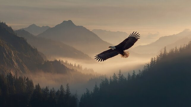   A bald eagle soars over a dense forest of pine trees during the morning haze on a foggy day